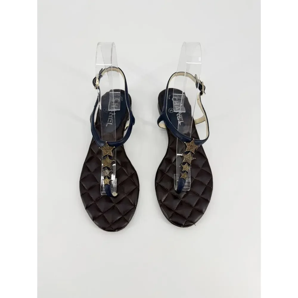 Chanel Paris Dallas Quilted Leather CC Star T Strap Flat Sandals Black Shoes 37